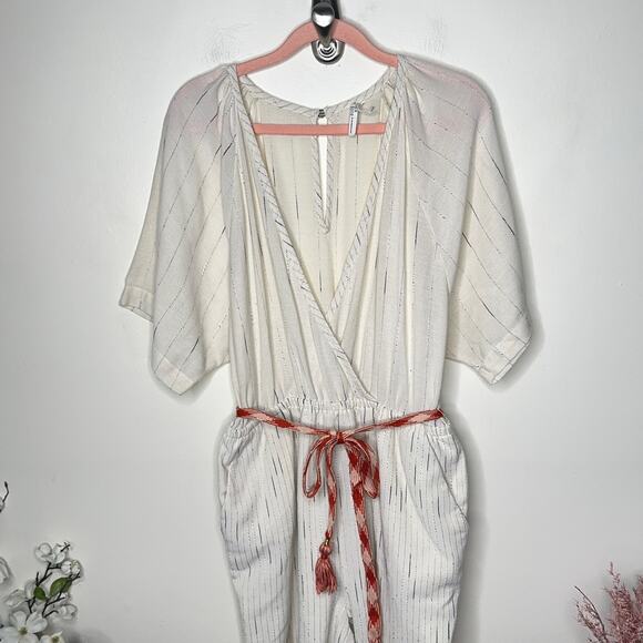 ANTHROPOLOGIE Feather Bone Soleil Belted Wrap Front Stripe Jumpsuit Ivory {LL35} - Picture 2 of 7